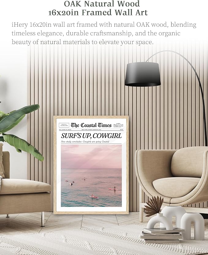 iHery 16x20in Surf’s Up Cowgirl Framed Newspaper Wall Art | Natural OAK Wood Frame with Canvas Print, Coastal Cowgirl Decor for Bedroom, Dorm, Living Room and Bar Cart, 1Pack