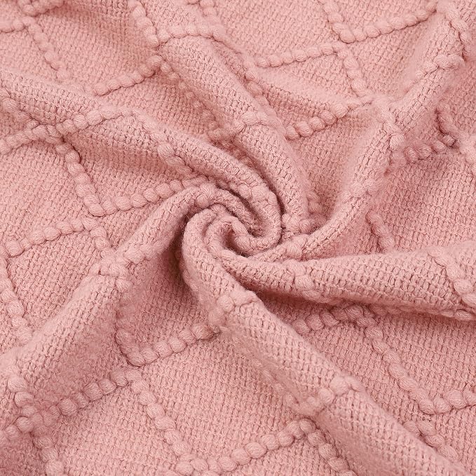BATTILO HOME Blush Throw Blanket with Tassels, Pink Knit Blanket for Home Decor, Boho Style Textured Knitted Decorative Twin Blanket for Couch, Sofa &Bed, 52"x80"