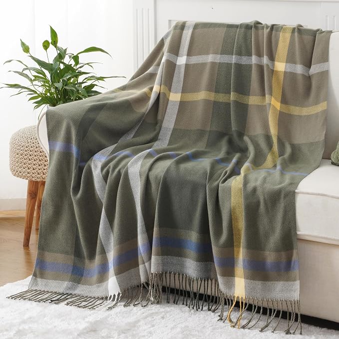 Green Plaid Throw Blanket for Couch, Army Green Plaid Blanket 50"x60" | Lightweight Farmhouse Outdoor Throw Blankets for Bed, Sofa, Cozy Woven Throw with Tassels