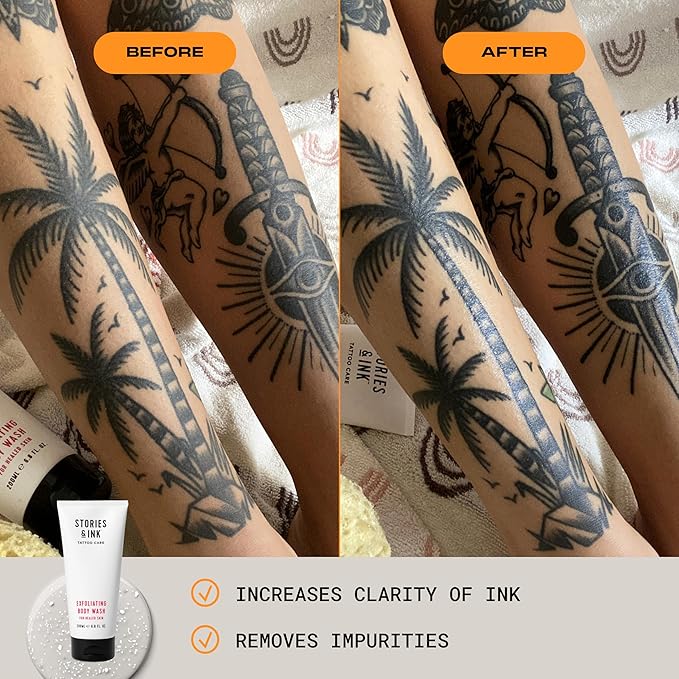 Stories & Ink Tattoo Aftercare | EXFOLIATING BODY WASH - Body Scrub Removes Dead & Dull Skin, Brightens Healed Tattoos, 200 mL / 6.8 Fl Oz