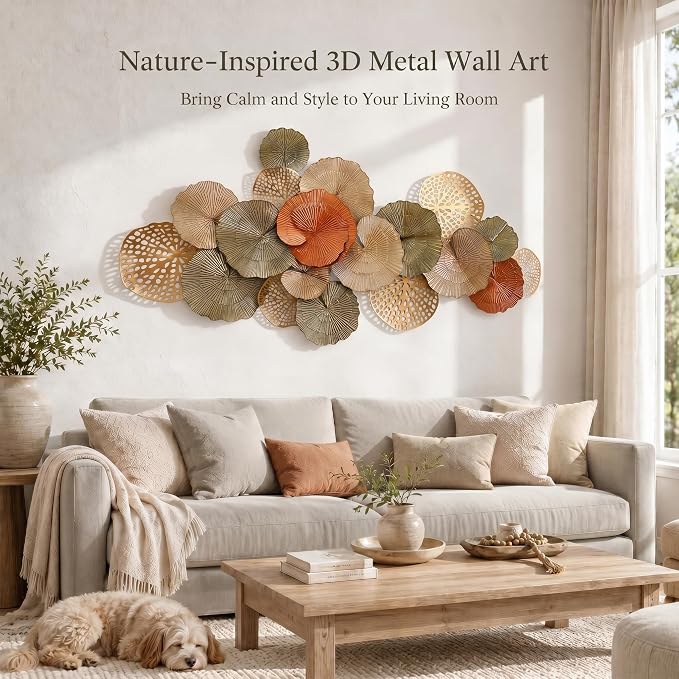 Axioglo 67" Large Wall Decor 3D Lotus Leaf Metal Wall Art for Living Room | 67" x 25" metal wall decor with layered metal texture, mounting hardware, two-way display