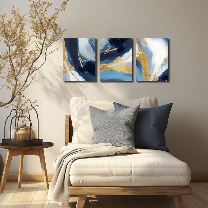 DNIEOTU Abstract Wall Art for Living Room, Blue White and Gold Canvas Wall-Decor for Bedroom, Picture Prints, Size 12 x 16 Inches 3-Pieces