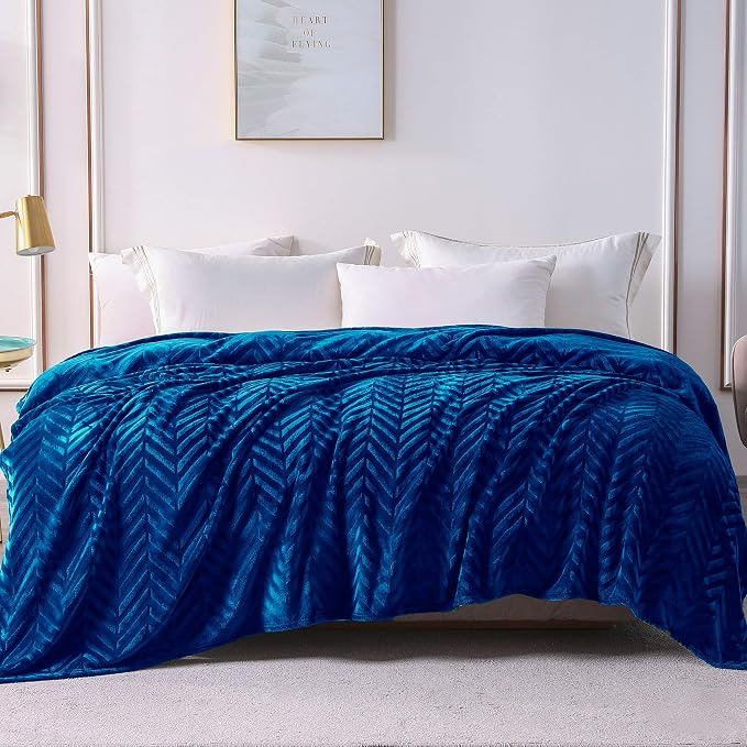 Whale Flotilla Flannel Fleece Fall Bed Blanket King Size, Royal Blue | Lightweight Breathable Soft Bedspread, Plush Fluffy Coverlet Chevron Design Decorative Blanket for Home Life, 90x104 Inch