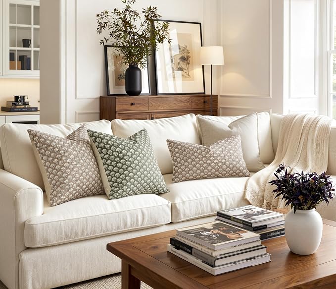 MIULEE Floral Print Decorative Lumbar Pillow Covers 12x20 Light Taupe | Vintage Boho Farmhouse Modern Home Decor, Set of 2, Block Print Cushion Covers for Couch Sofa Bed Living Room