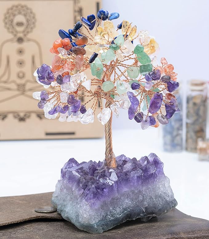 7 Chakra Tree of Life - Crystal Tree for Positive Energy, Gemstone Tree, Feng Shui Tree - Amethyst Cluster Base, Seven Chakra Tree, Money Tree Bonsai,Gem Tree, Healing Crystal Decor - Spiritual Gift