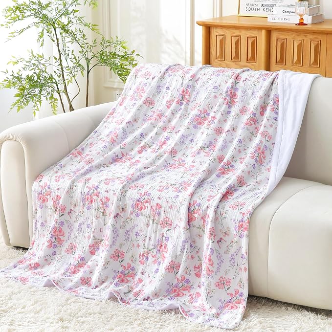 Viviland Cooling Muslin Blanket King Size for Bed Summer Gauze Blanket for Adults Breathable Lightweight Soft for Hot Sleepers Linen Pink Purple Flowers 90 x 108 Inches