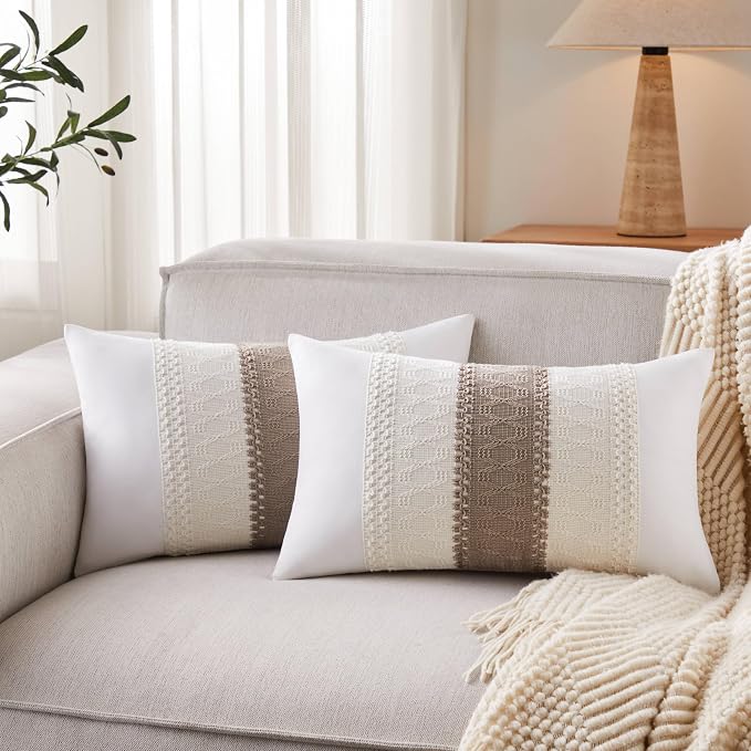2pk Boho Pillow Covers 12x20, Natural White/Contrast/Cocoa Brown | 100% Organic Cotton Body, Stripe Embroidery, Farmhouse Decorative Cushion Covers for Sofa Bed Living Room Home Decor