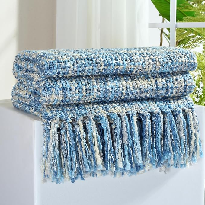 Multi-Color Cable Woven Throw Blanket for Couch - 60"X80" | Multicolored Boho Style,Super Soft Warm Cozy Chunky Blankets with Decorative Tassels for Bed and Sofa,Light Blue