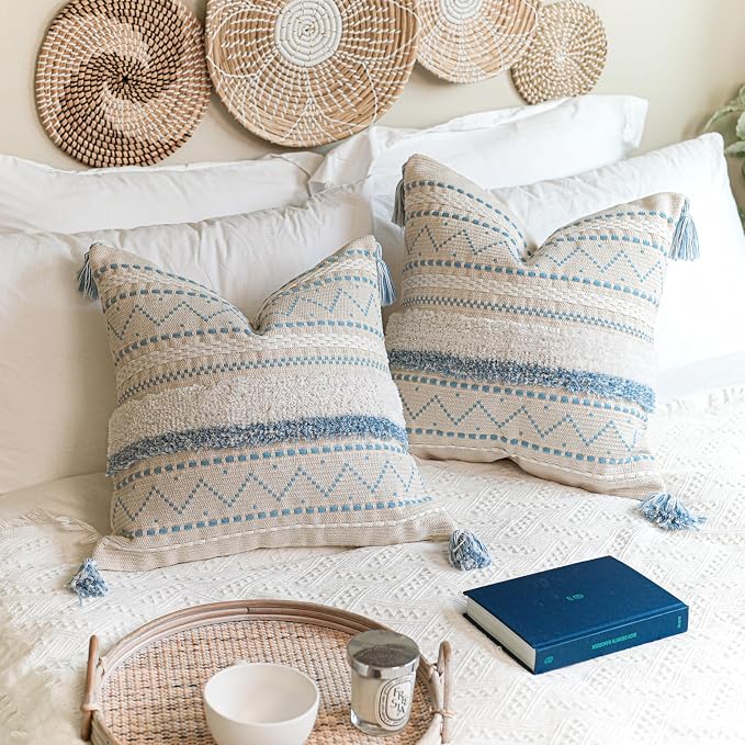 Decorative Throw Pillow Covers 20x20 Combo Set of 2 Square Coastal Blue Boho Accent Pillowcase Tassels Farmhouse Cushion for Couch Sofa Bedroom Living Room Home Décor Cover ONLY
