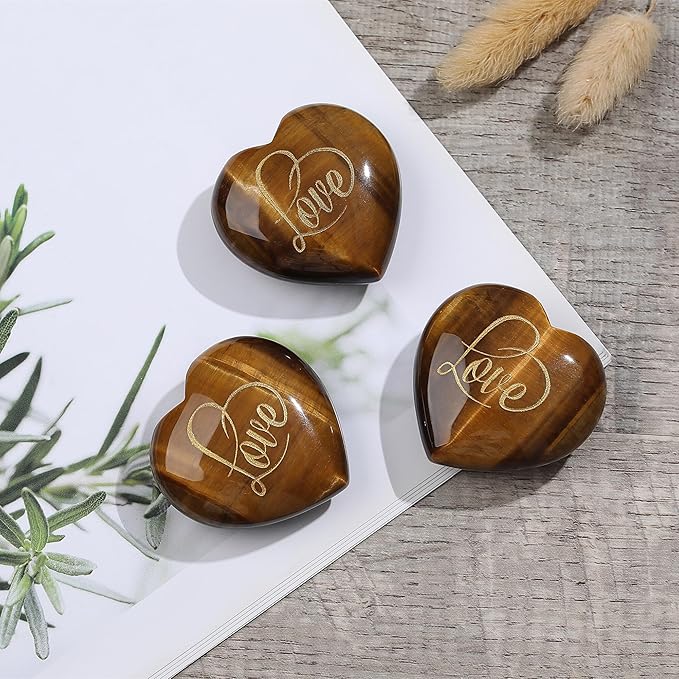 ZHIYUXI 45mm Tigers Eye Engraved Heart Stones Heart Gift Gemstones Heart Shaped Rocks Polished Tigers Eye Stones Mental Health Gifts Gem Meditation Spiritual Gifts for Men Reiki
