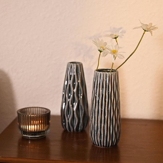 VICTOR & TERESA Ceramic Vase for Flowers, 8'' Set of 2 Decorative Vintage Blue Vases for Home Decor, Farmhouse Vases for Pampas Grass, Table, Mantel, Living Room, Shelf, Centerpieces, Gifts for Mom