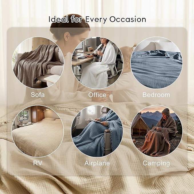 WDCOZY Muslin Blanket 100% Cotton Blankets Twin Size 4-Layer Breathable Lightweight for Couch Bed Boho Farmhouse Linen Tassels Ruffle Gauze Blankets 60x80 Inches Brown Mocha Chocolate Coffee Taupe