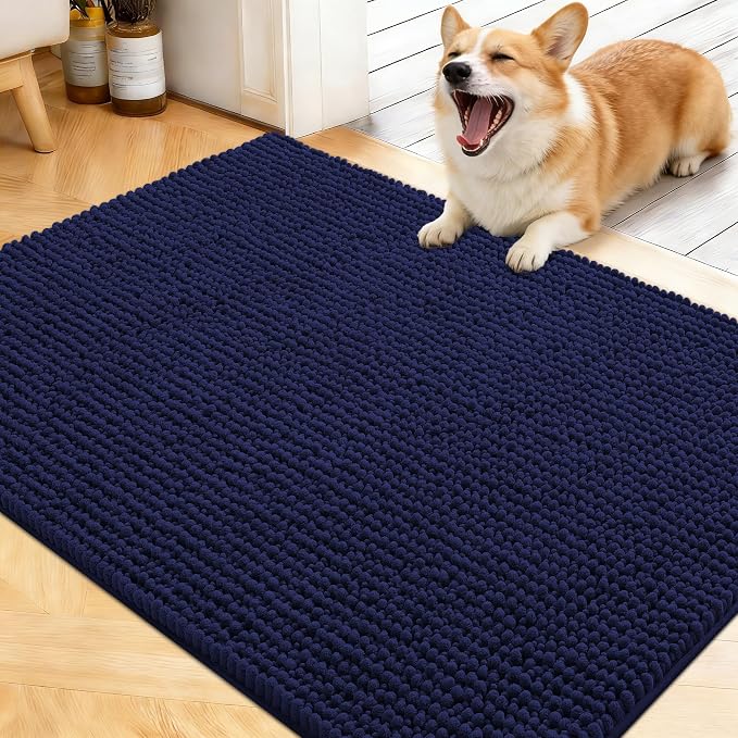 OLANLY Dog Door Mat for Muddy Paws 40x32, Extra Absorbent Chenille Mud Mat | Navy Blue, Absorbs Moisture and Dirt, Non-Slip Machine Washable Doormat, Quick-Drying Indoor Entryway Floor Mat for Dogs