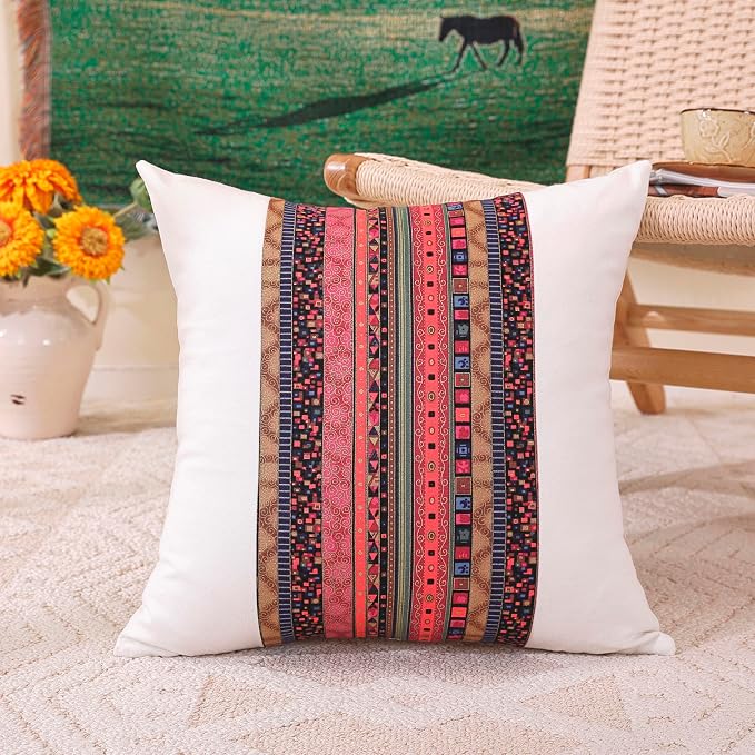 TAOSON Pack of 2 White & Red Stripe Patchwork Throw Pillow Covers 18x18 Inch - Bohemian Farmhouse Cushion Cases with Hidden Zipper for Sofa & Bedroom (Cover Only)