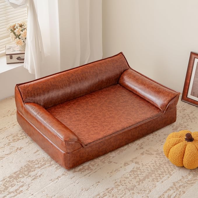 X-Large Leather Dog Sofa Pet Couch for Large Dogs Under 90 lbs, Brown | Mid Century Modern Elevated Luxurious Elevated Dog Chair, Big Dog Chaise Indoor Furniture Style Pet Supplies, Low Maintenance