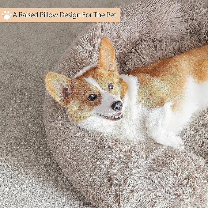 WNPETHOME Large Round Calming Dog Bed Cat Bed for Comfy Sleep | Large Cute Washable Puppy & Cat Bed with Fluffy Plush, Faux Fur Anti Anxiety Pet Bed Donut Cuddler (36x36x10 Inch, Brown)