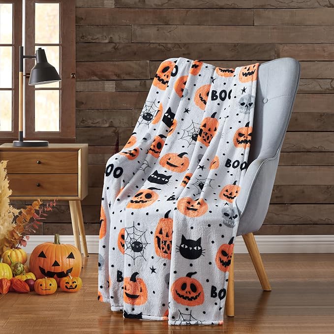 Halloween Fleece Throw Blanket, BOO, Cute Cats & Pumpkins, on Gray, 50x70 | Ultra-soft cozy flannel fleece, for sofa bed couch chair & dorms, spooky Halloween décor, durable and machine washable.
