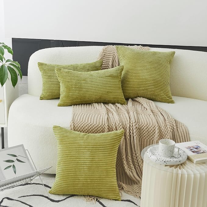 Home Brilliant Green Throw Pillow Cover Decoration Solid Striped Corduroy Plush Velvet Decorative Pillow Case Accent Pillow Cover for Couch Summer Decor, 18x18 inch (45cm), Grass Green