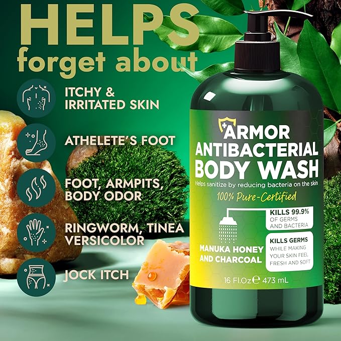 Antibacterial Body Wash | Antifungal Soap for Men & Women | Kills 99.9% of Germs & Bacteria | Helps with Back Acne, Body Odor & Jock Itch | Manuka Honey & Charcoal | Includes Scrubber16 fl oz