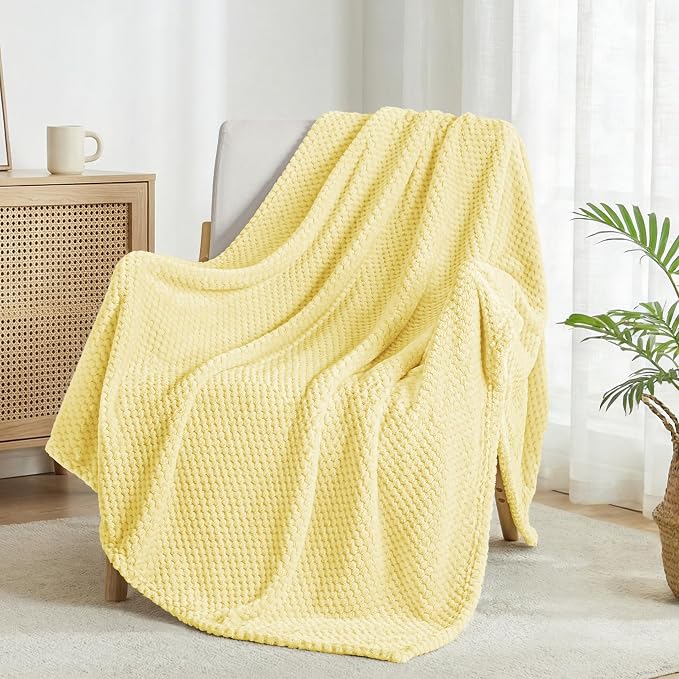 Exclusivo Mezcla Large Waffle Fleece Throw Blanket for Couch, Light Yellow | Lightweight Soft Blanket for Sofa, Bed, Living Room, Plush Fluffy Throw for Home Decor, Travel, All Season, 50x70 Inches