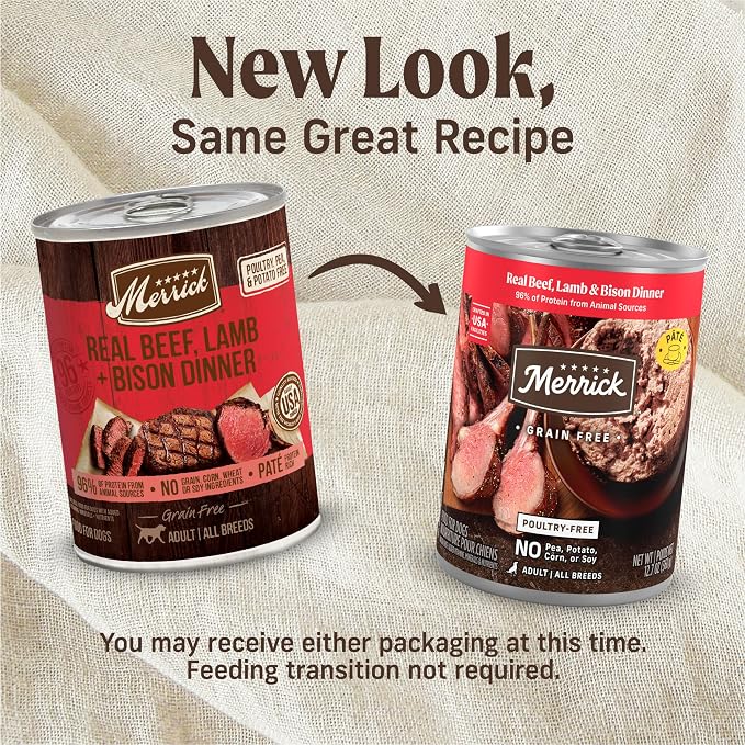 Merrick Grain Free Canned Dog Food, Beef Lamb Bison, 12.7 oz, Pack of 12 | Premium pate crafted without poultry, corn, or wheat; natural beef, lamb, and bison recipe with added vitamins and minerals