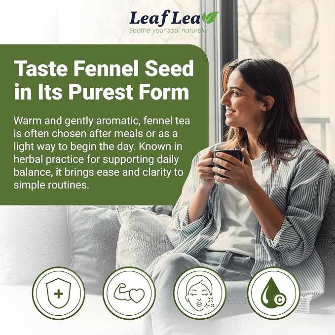 LeafLea Fennel Tea Bags, Pure Fennel Seed Tea, Foil-Wrapped, Caffeine-Free | Single-Ingredient Fennel Seed, Naturally Sweet & Soothing After Meals, 40 Bags, Sugar-Free, Vegan, Non-GMO
