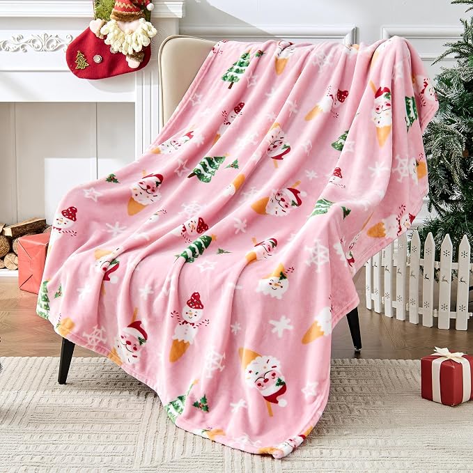 Edenleaf Christmas Blanket Soft Cozy Pink Throws with Snowman Snowflake Santa Claus and Xmas Trees Print, Fuzzy Warm Christmas Throw Blanket for Couch Bed Holiday Decorations Gifts 60"x80" (Pink)