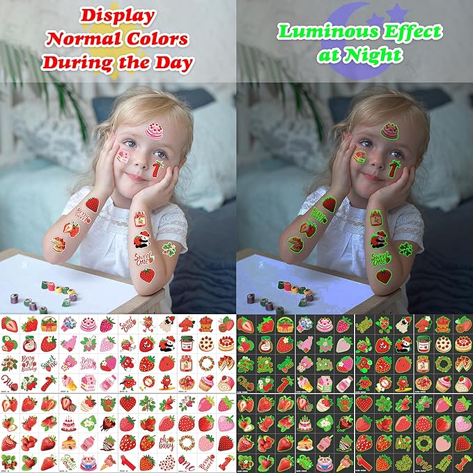 96 PCS Strawberry Berry Pre-Cut Luminous Glow in The Dark Temporary Tattoos for Kids | Super Cute 1st Themed Birthday Party Favors, Supplies, Decorations, Fake Tattoo Stickers Gifts for Boys Girls