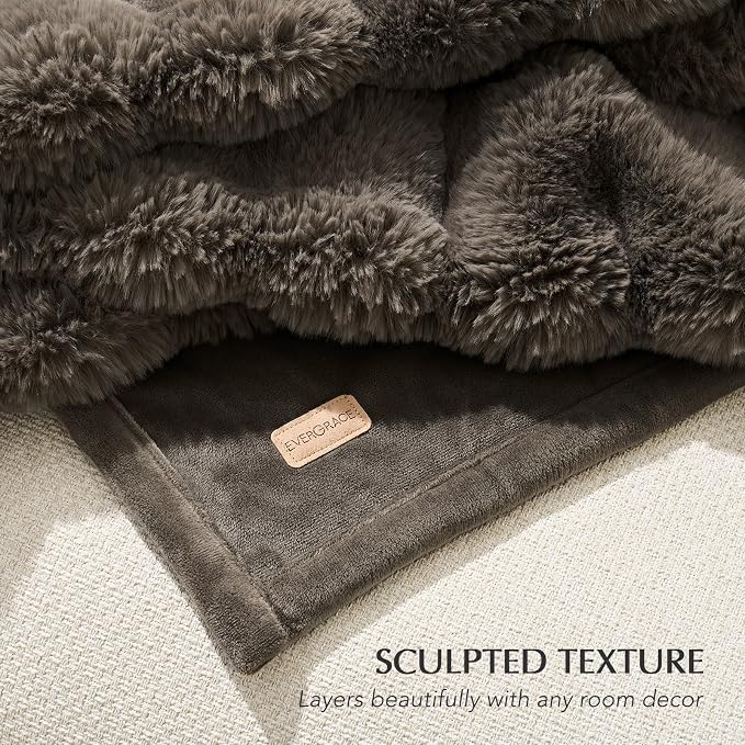Faux Rabbit Fur Bubble Throw Blanket, 90"x90", Dark Taupe | Ultra Soft, Luxury Faux Rabbit Fur Throw, Thick Warm Bubble Blanket, Cozy Fluffy Reversible, for Bed, Couch, Chair, Sofa