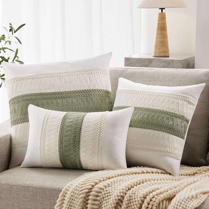 2pk Boho Pillow Covers 16x16, Natural White/Contrast/Green | 100% Organic Cotton Body, Stripe Embroidery, Farmhouse Decorative Cushion Covers for Sofa Bed Living Room Home Decor