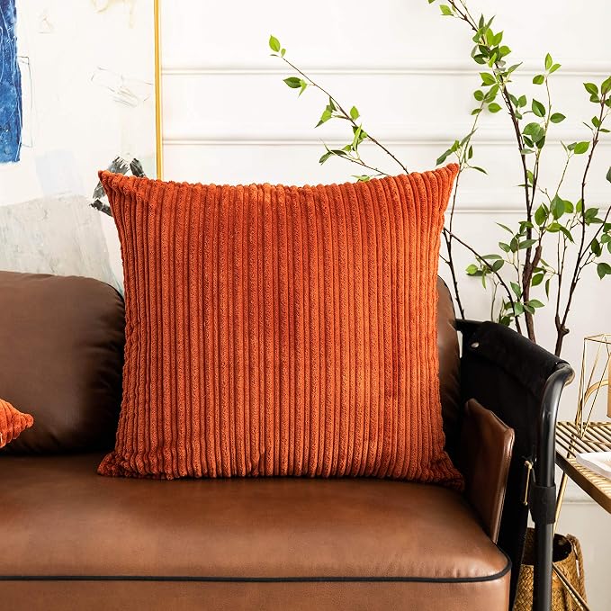 UGASA Fall Super Soft Decor Striped Corduroy Large Throw Pillow Covers Sham Cushion Case Living Room, 2 Packs, 24" x 24" (61cm), Burnt Brick