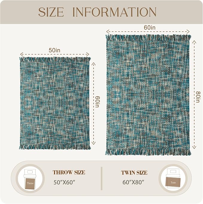 Multi-Color Cable Woven Throw Blanket for Couch - 60"X80" | Multicolored Boho Style,Super Soft Warm Cozy Chunky Blankets with Decorative Tassels for Bed and Sofa,Teal