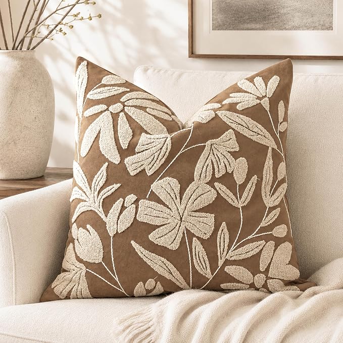 20x20 Throw Pillow Cover, Square Brown Decorative Cushion Cover for Couch Sofa, Embroidered Velvet Farmhouse Accent Pillowcase (Cover Only)