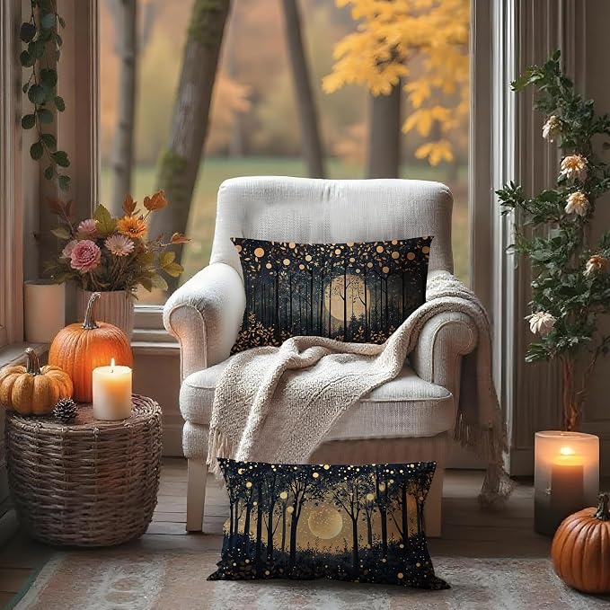 Rustic William Morris Inspired Gold Moon Pillow Covers 12x20 Set of 2,Vintage Black and Gold Moon Forest Botanical Nature Landscape Decorative Throw Pillow Covers for Home Bedroom Living Room