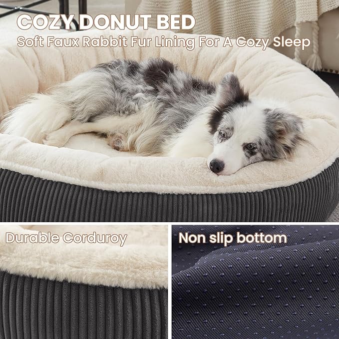 45 inches Calming Donut Dog Bed for Extra Large Dogs,Dark Grey | Round Jumbo Pet Bed with Removable&Washable Cover,Plush Faux Fur & Corduroy, Fits Pets up to 100 lbs