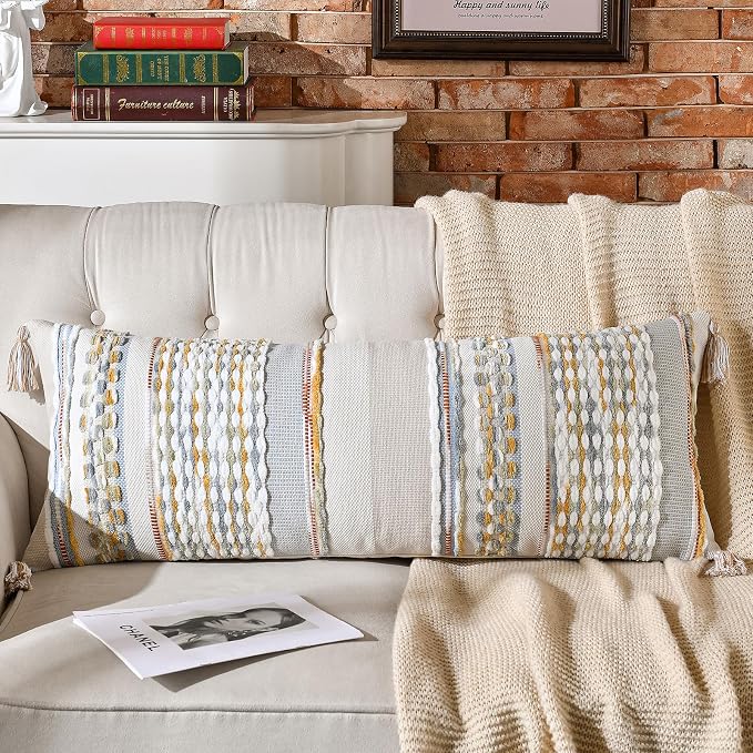 Chenille Striped Textured Boho Throw Pillow Covers Aesthetic with Tassels Woven Decorative Pillow Case for Couch Bed Sofa Bedroom Modern Funky 14 x 36-Inch Grey