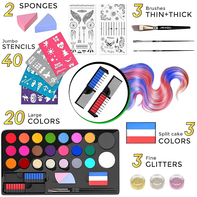 Face Paint Kit for Kids – 20 Washable Colors, Guaranteed Stain-Free, Paints 60+ Faces, Hair Chalk, Glitter, Brushes, Stencils, Non-Toxic, Perfect for Birthdays, Halloween, Parties