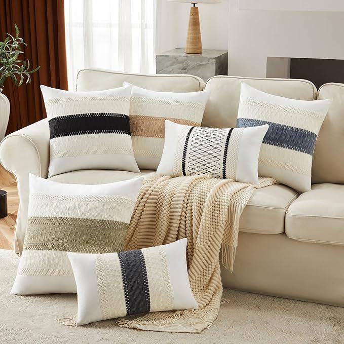 2pk Boho Pillow Covers 22x22, Natural White/Contrast/Dark Sage | 100% Organic Cotton Body, Stripe Embroidery, Farmhouse Decorative Cushion Covers for Sofa Bed Living Room Home Decor