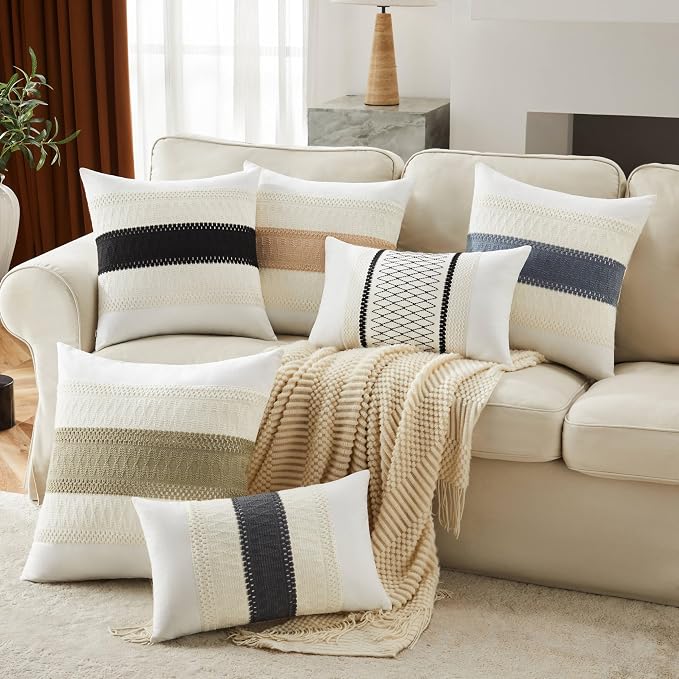 2pk Boho Pillow Covers 20x20, Natural White/Contrast/Black | 100% Organic Cotton Body, Stripe Embroidery, Farmhouse Decorative Cushion Covers for Sofa Bed Living Room Home Decor