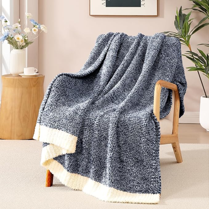 Soft Throw Blanket for Couch-Cozy Reversible Knitted Blankets | Lightweight Warm Fluffy Decor for Women, Mom, Her & Girls, Sofa, Chair, Bed, 50x60in, Cationic Dyeing Navy Blue