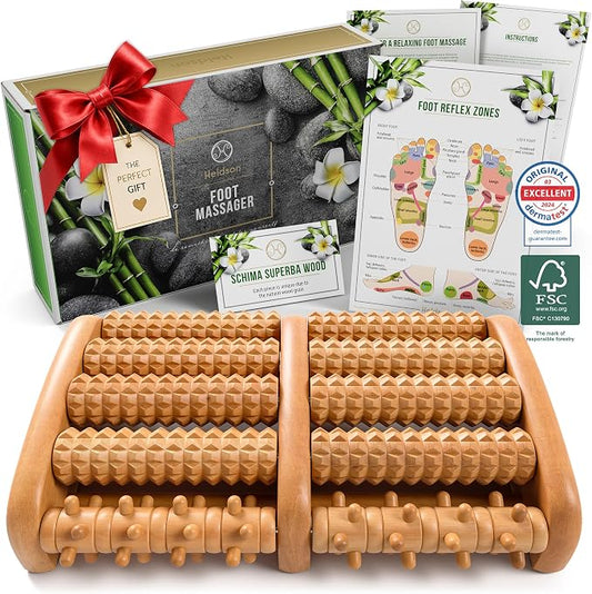 HELDSON® Foot Massager Roller Plantar Fasciitis Pain Relief - Wooden Under Desk Feet Massage - Dual Manual Heel Massagers - Wood Rolling Acupressure Tool with Reflexology Guide - Gift for Men, Women