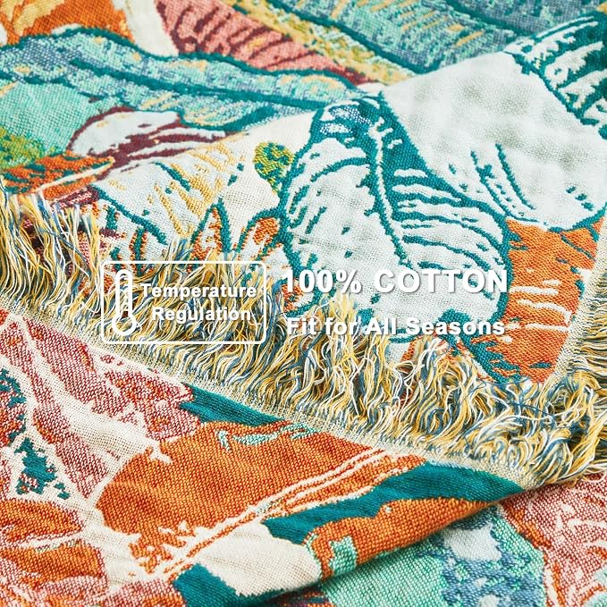 LUTBM Boho Throw Blanket for Couch 50"x60", Cotton Decorative Bed Throw | Reversible Botanical Floral Jacquard, All-Season, For Chair Sofa Living Room, Lightweight & Breathable Throws, Home Decor