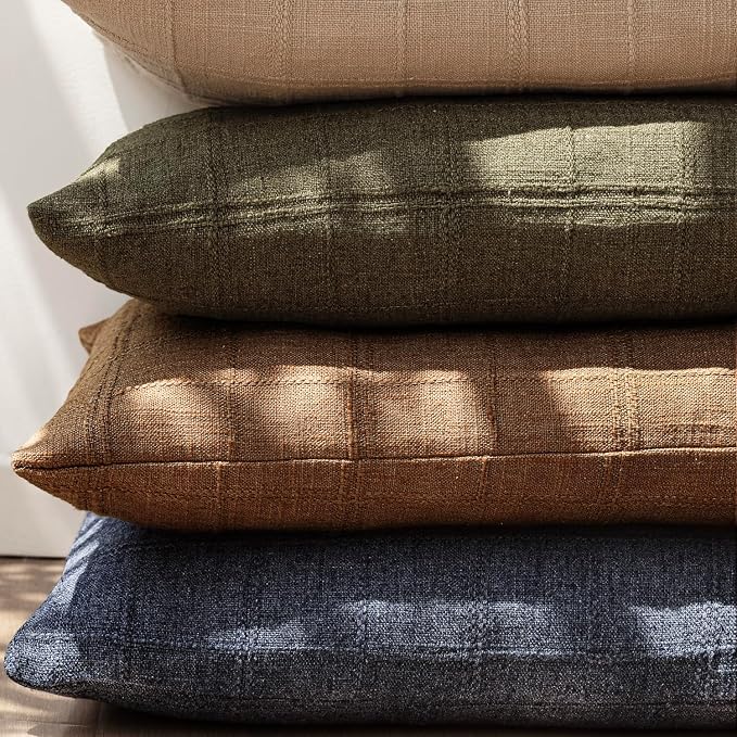 Foindtower Set of 2 Decorative Linen Check Throw Pillow Covers Neutral Farmhouse Vintage Cushion Covers Cozy Modern Boho Home Decor for Sofa Chair Couch Bedroom Living Room,14×36 Inch,Brick