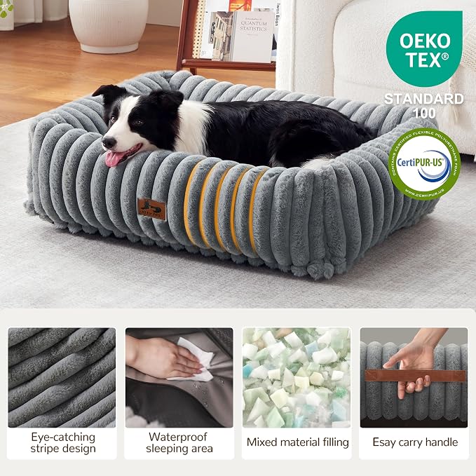 Dog Beds Large Sized Dog,Rectangle Orthopedic Pet Bed for Large Dog, Comfort Fluffy Memory Foam Dog Beds with Anti-Slip Bottom,Grey (35x25x9 inches)