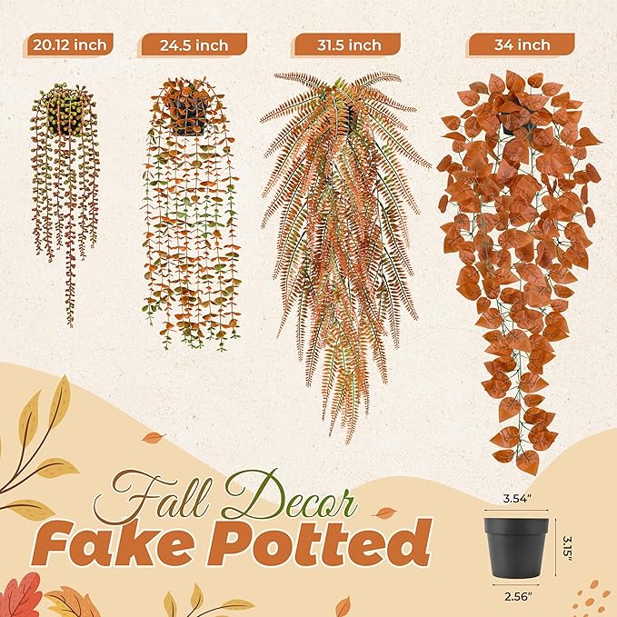 Der Rose 4 Pack Fake Fall Plants Hanging Orange Vines for Fall Wall Decor | 4 different orange vines for autumn decor accents, fall living room and bathroom decor, porch, patio and covered decor