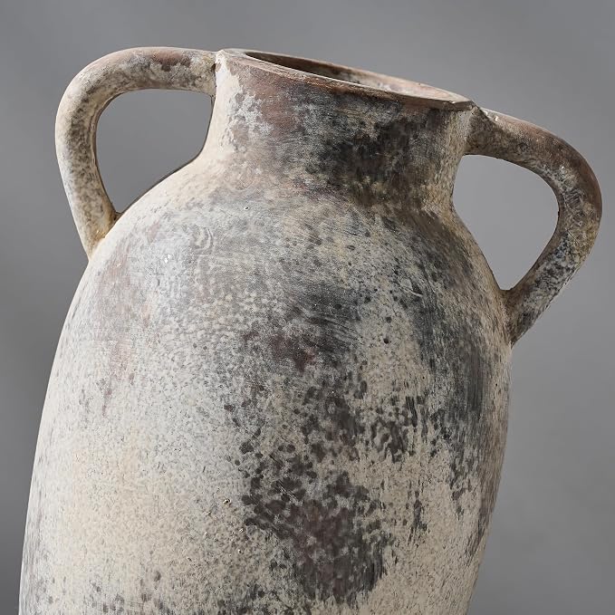 PORCER 9.84 Inch Ceramic Vase with Handles, Tuscan Decor Antique Terracotta Vase, Rustic Decorative Flower Vase for Home Decor, Farmhouse, Living Room, Table, Bedroom, Office, Entrance- Gray