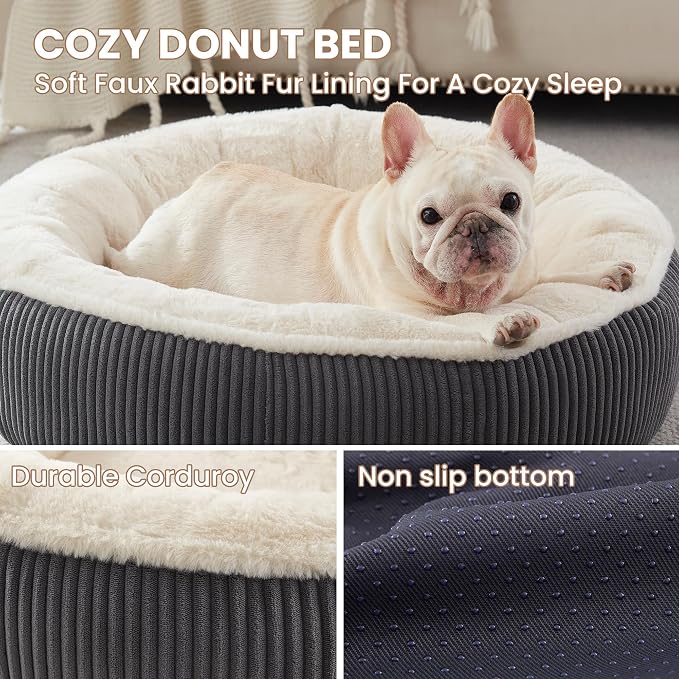 30 inches Calming Donut Dog Bed for Medium Dogs,Dark Grey | Round Pet Bed with Removable&Washable Cover,Plush Faux Fur & Corduroy, Fits Pets up to 30 lbs