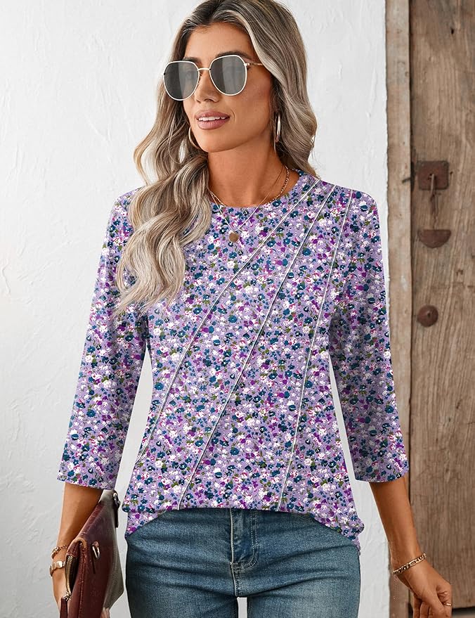 LOMON 3/4 Length Sleeve Womens Tops Spring Summer Fashion 2026 Tops Crew Neck Pleated Shirts Tunic Top Loose Fit