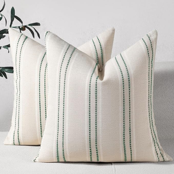 Hckot Spring Striped Throw Pillow Covers 20x20 Set of 2 Green Pillow Covers | Farmhouse Decorative Pillows Textured Linen Square Cushion Covers for Sofa Couch Bed Living Room Decor(Dark Green)