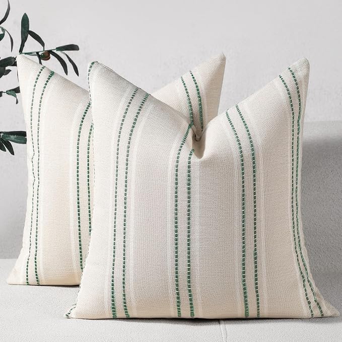 Hckot Spring Striped Throw Pillow Covers 18x18 Set of 2 Green Pillow Covers | Farmhouse Decorative Pillows Textured Linen Square Cushion Covers for Sofa Couch Bed Living Room Decor(Dark Green)